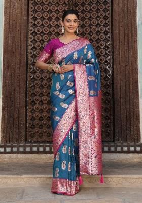 Blue Zari Work Silk Saree Set