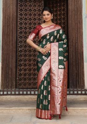 Dark Green Zari Work Silk Saree Set