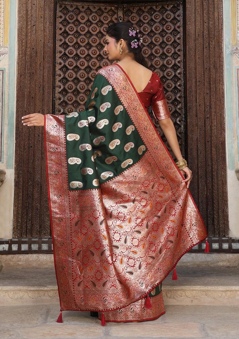Dark Green Zari Work Silk Saree Set - Indya