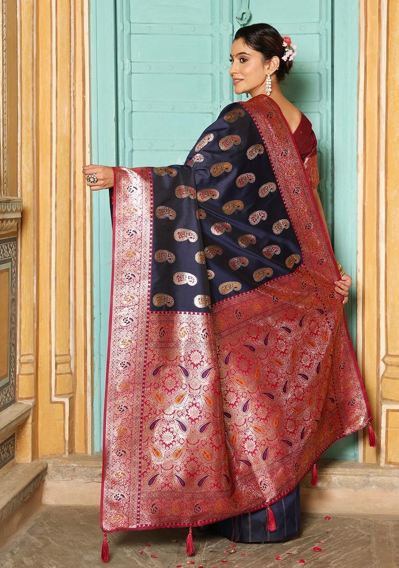 Navy Blue Zari Work Silk Saree Set - Indya