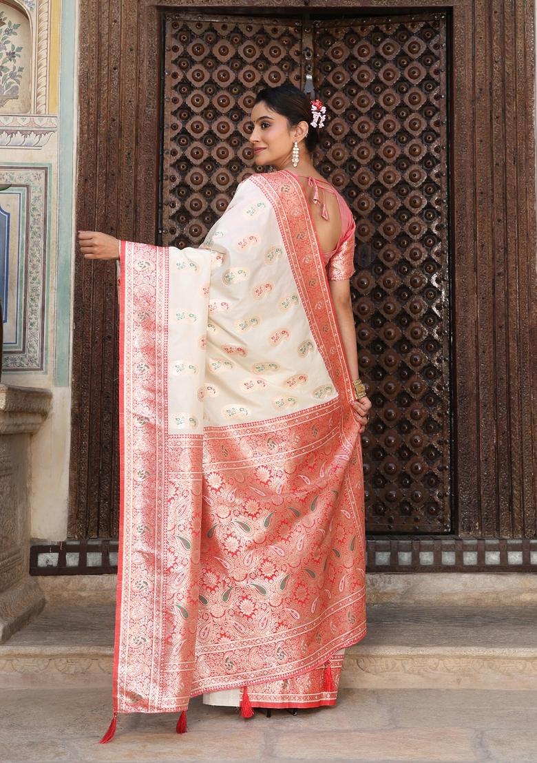 Off White Zari Work Silk Saree Set - Indya