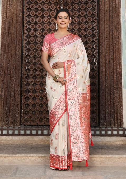 Off White Zari Work Silk Blend Saree Set