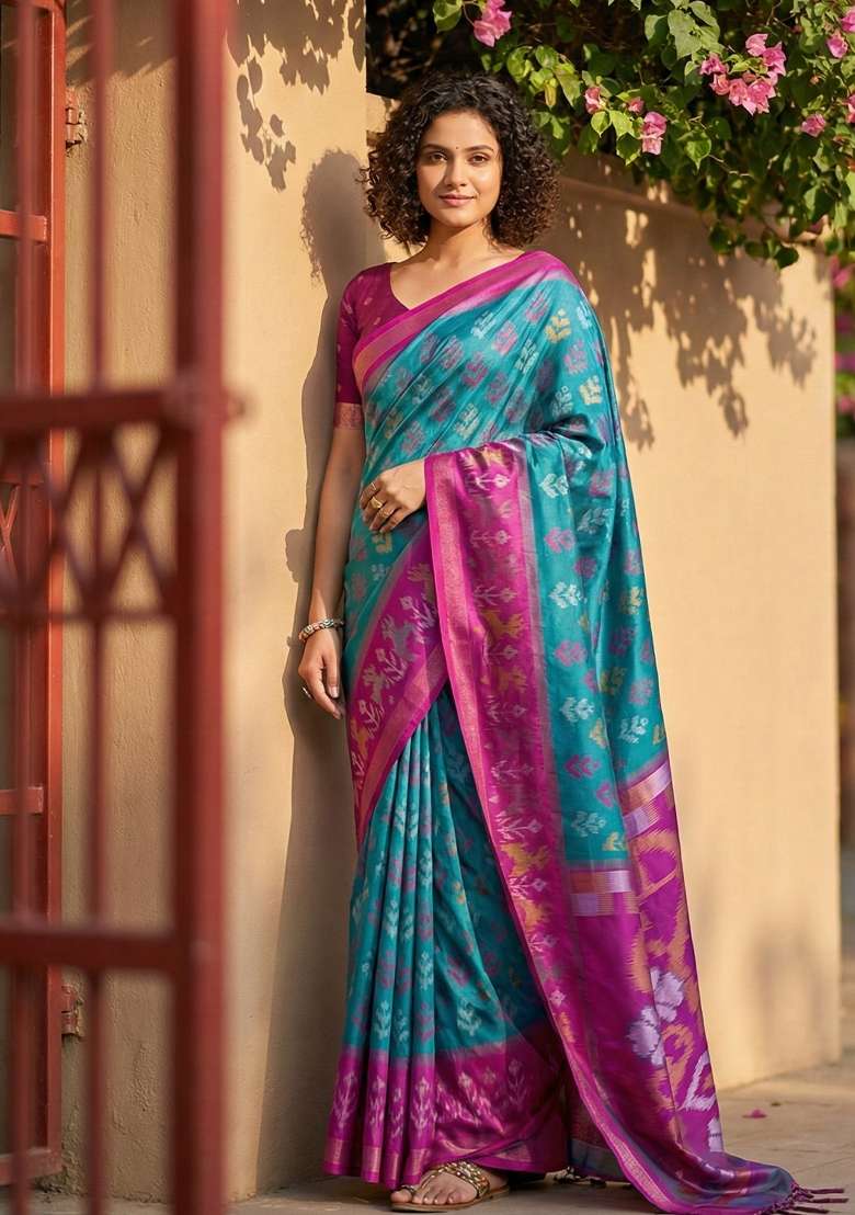 Blue Floral Print Pochampally Saree Set for Diwali and Festive Wear - Indya