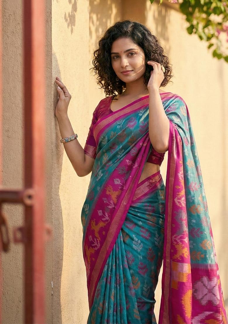 Blue Floral Print Pochampally Saree Set - Indya