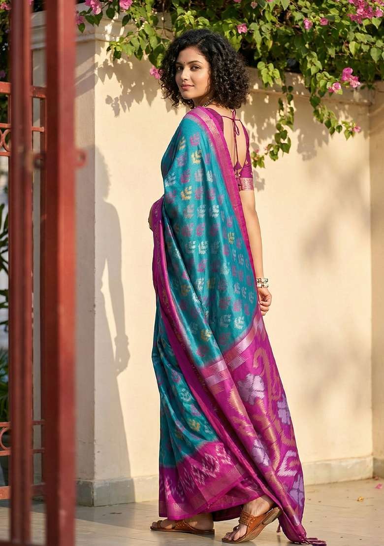 Blue Floral Print Pochampally Saree Set for Diwali and Festive Wear - Indya
