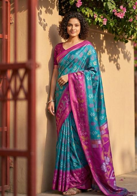 Blue Floral Print Pochampally Saree Set