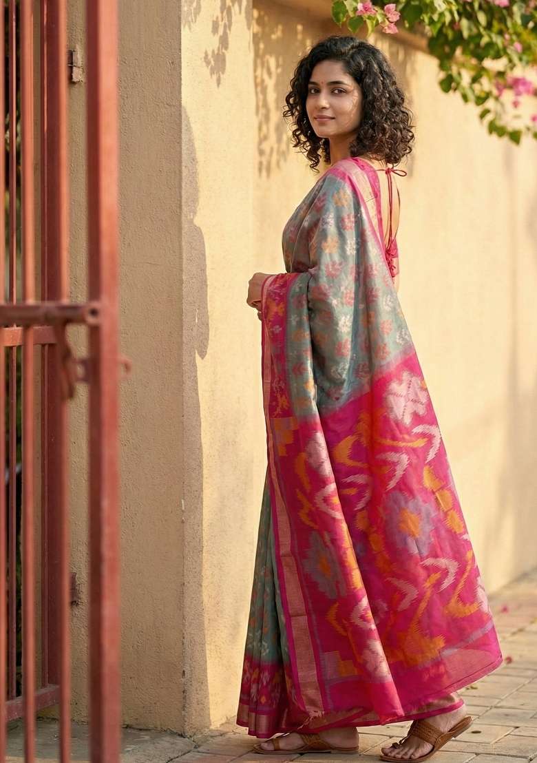 Grey Floral Print Pochampally Saree Set for Diwali and Festive Wear - Indya
