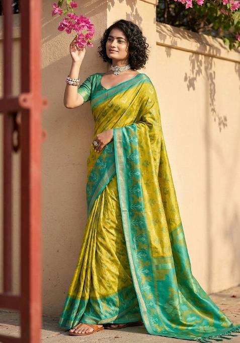 Olive Floral Print Pochampally Saree Set
