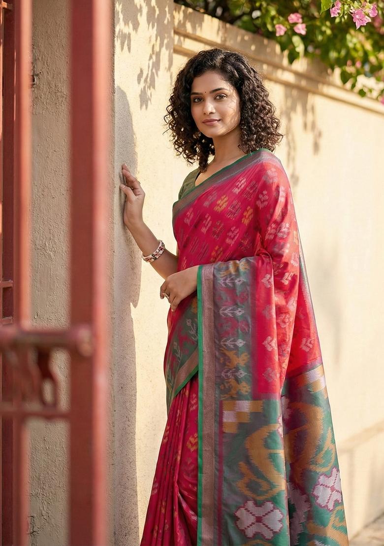 Red Floral Print Pochampally Saree Set - Indya