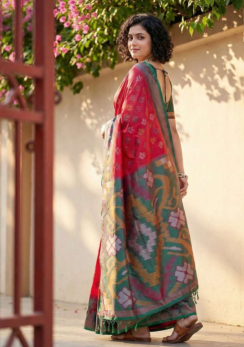 Red Floral Print Pochampally Saree Set for Diwali and Festive Wear - Indya