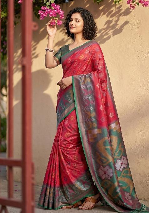 Red Floral Print Pochampally Saree Set
