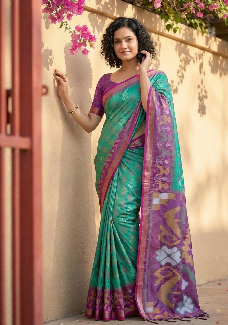 Turquoise Floral Print Pochampally Saree Set - Indya
