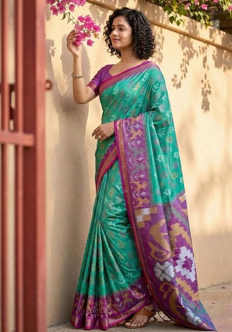 Turquoise Floral Print Pochampally Saree Set
