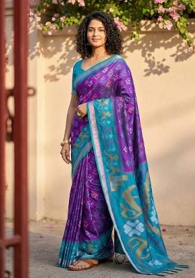Violet Floral Print Pochampally Saree Set