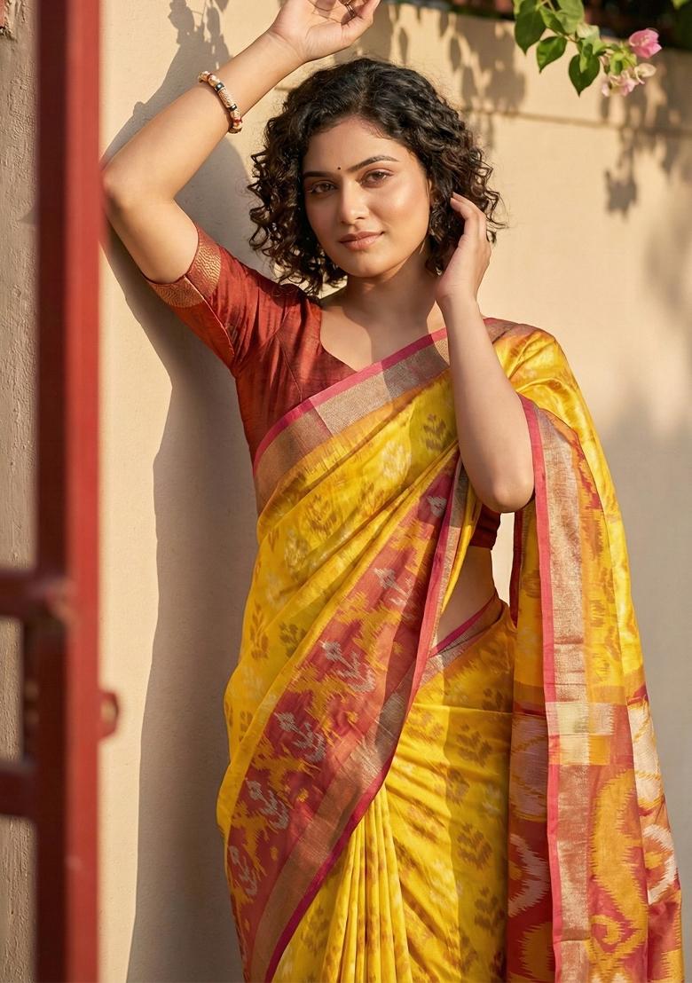 Yellow Floral Print Pochampally Saree Set - Indya