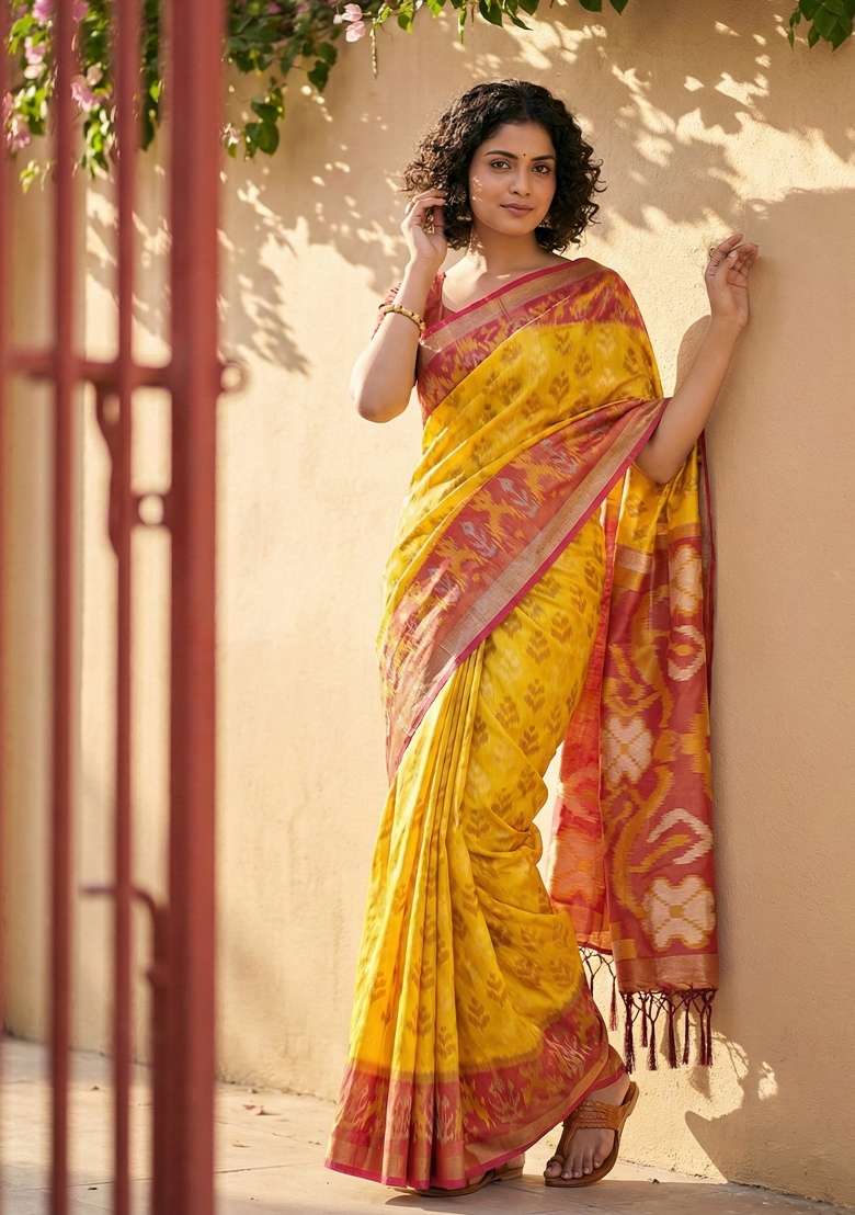 Yellow Floral Print Pochampally Saree Set for Diwali and Festive Wear - Indya