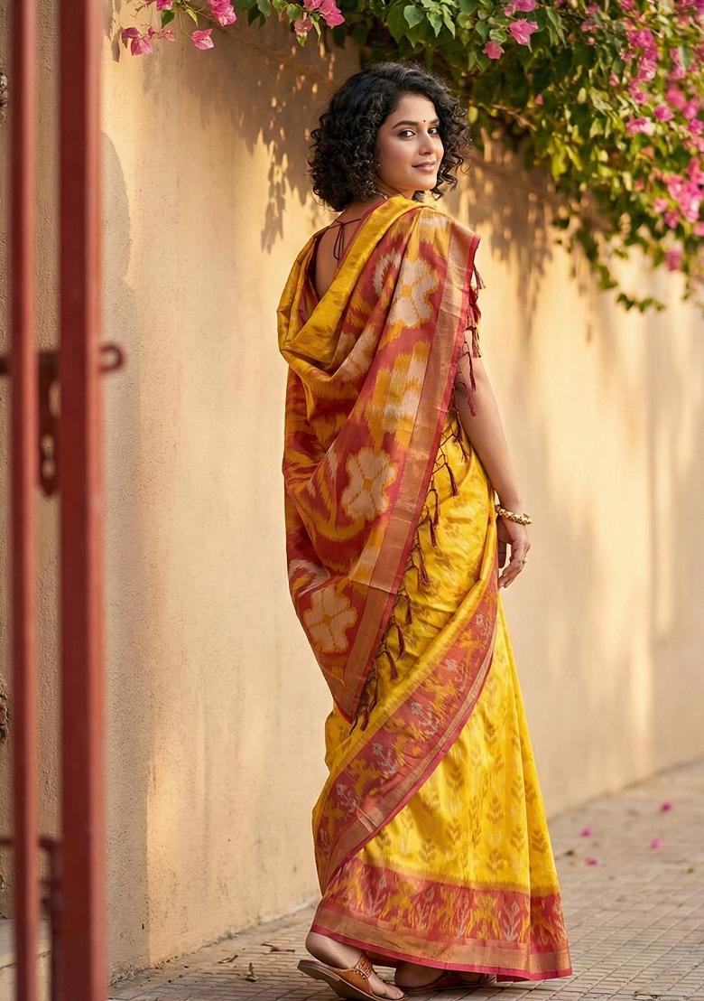 Yellow Floral Print Pochampally Saree Set - Indya