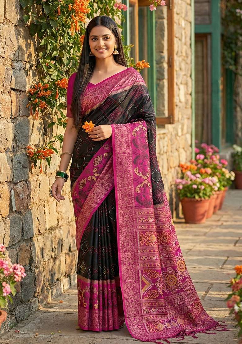 Black Floral Print Pochampally Saree Set for Diwali and Festive Wear - Indya