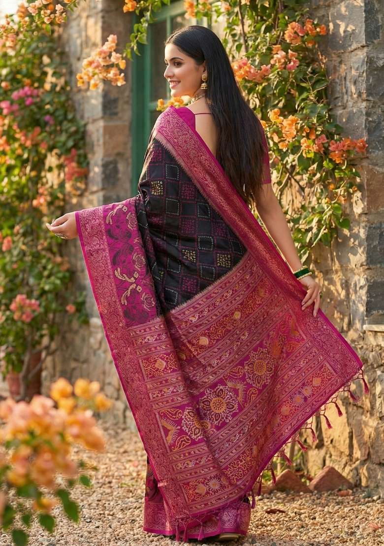 Black Floral Print Pochampally Saree Set for Diwali and Festive Wear - Indya