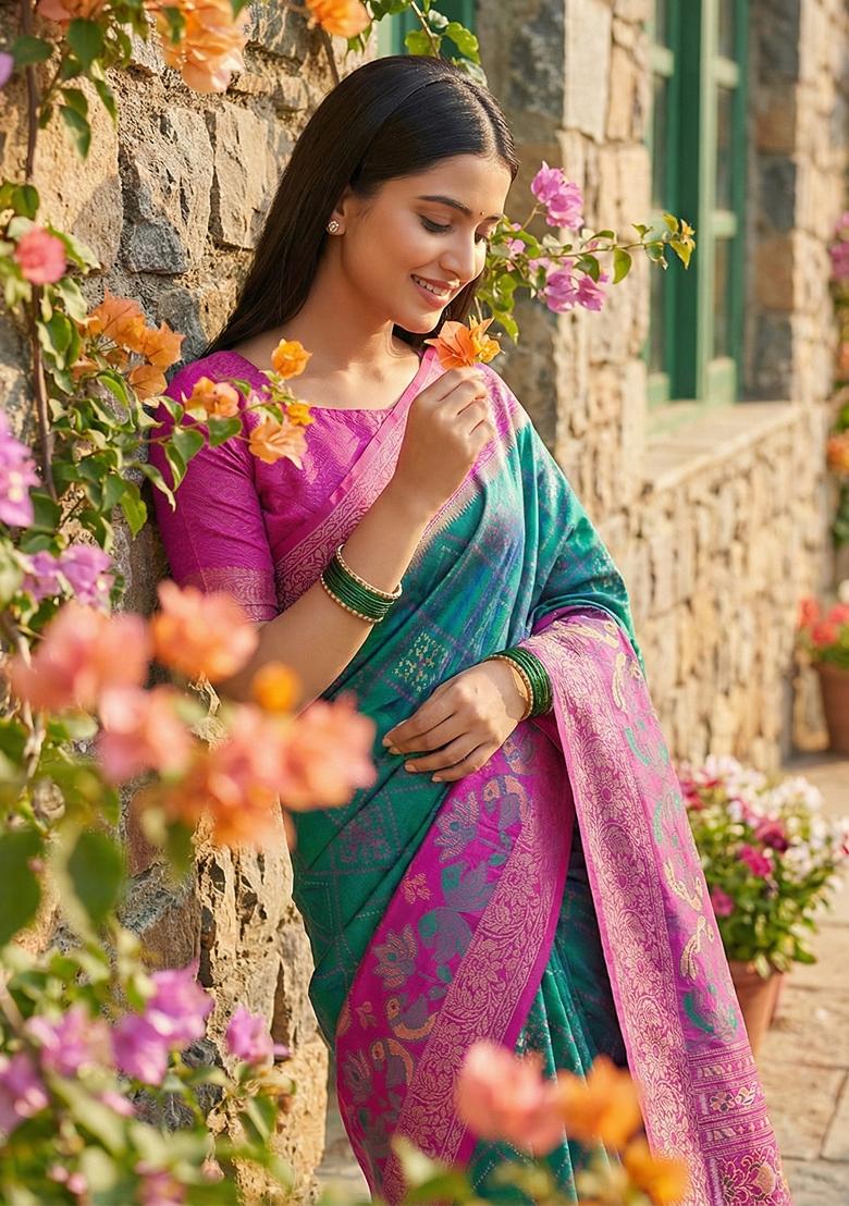 Blue Floral Print Pochampally Saree Set - Indya