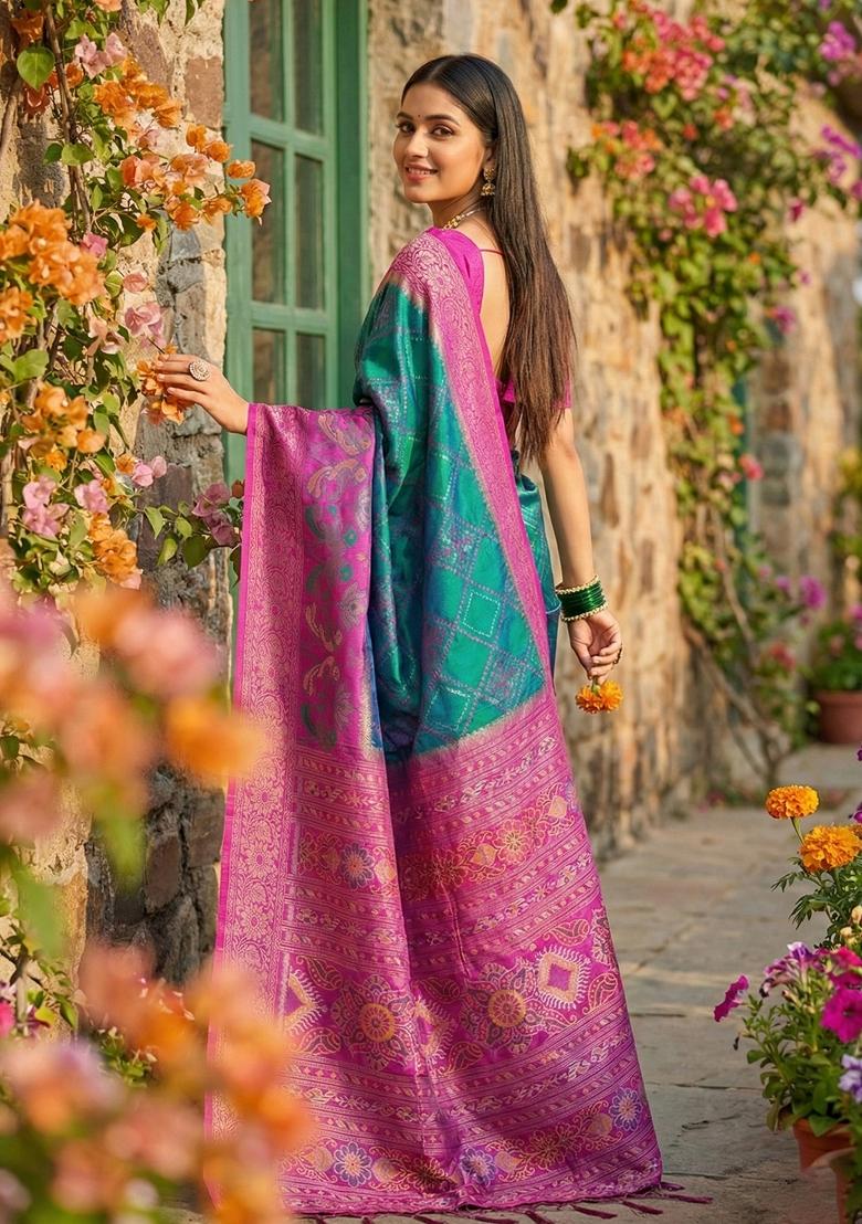 Blue Floral Print Pochampally Saree Set - Indya