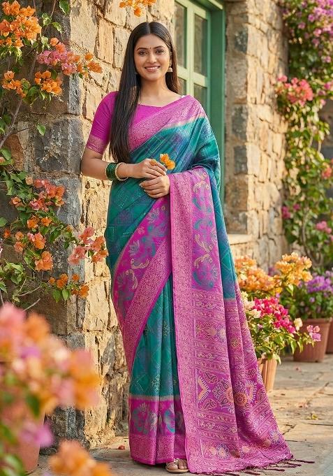 Blue Floral Print Pochampally Saree Set