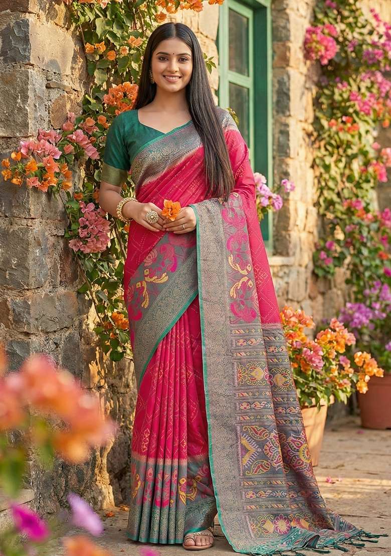 Coral Pochampally Saree Set with Floral Print for Diwali | Wedding & Festive Wear - Indya