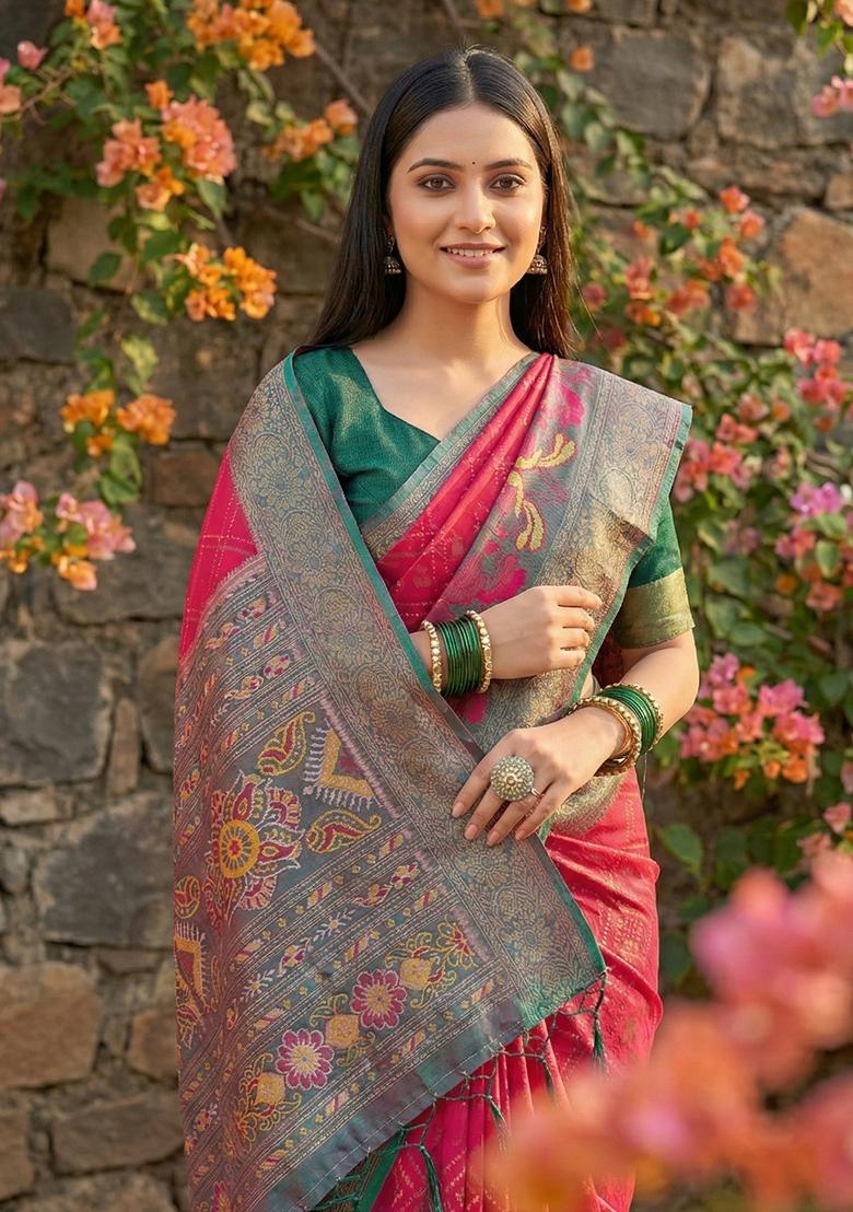 Coral Floral Print Pochampally Saree Set - Indya