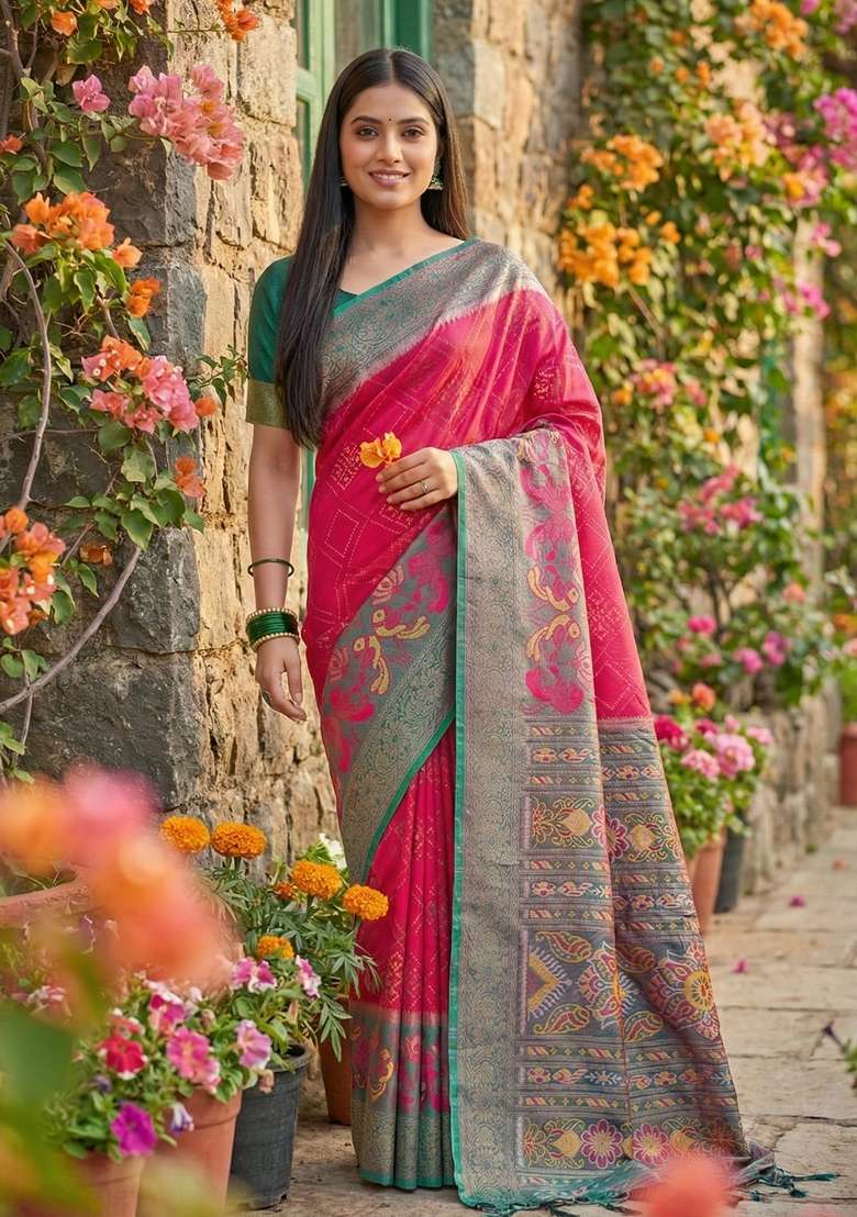 Coral Pochampally Saree Set with Floral Print for Diwali | Wedding & Festive Wear - Indya