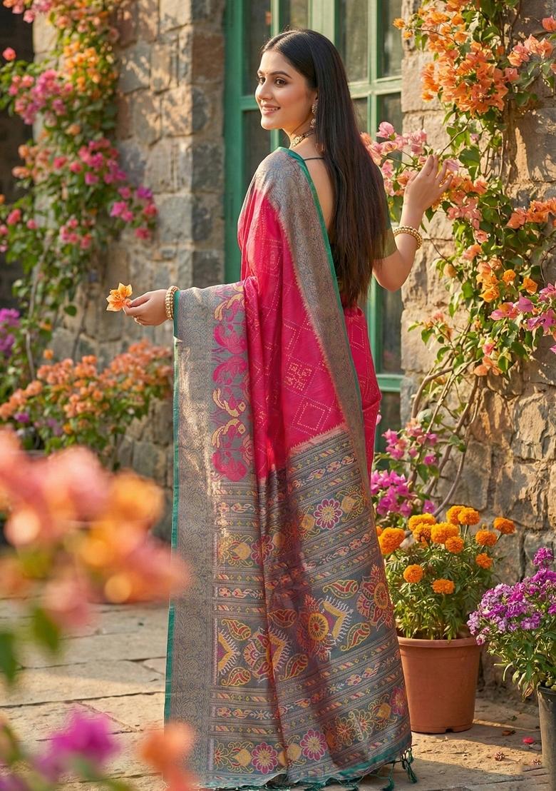 Coral Floral Print Pochampally Saree Set - Indya