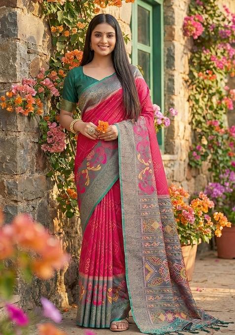 Coral Floral Print Pochampally Saree Set