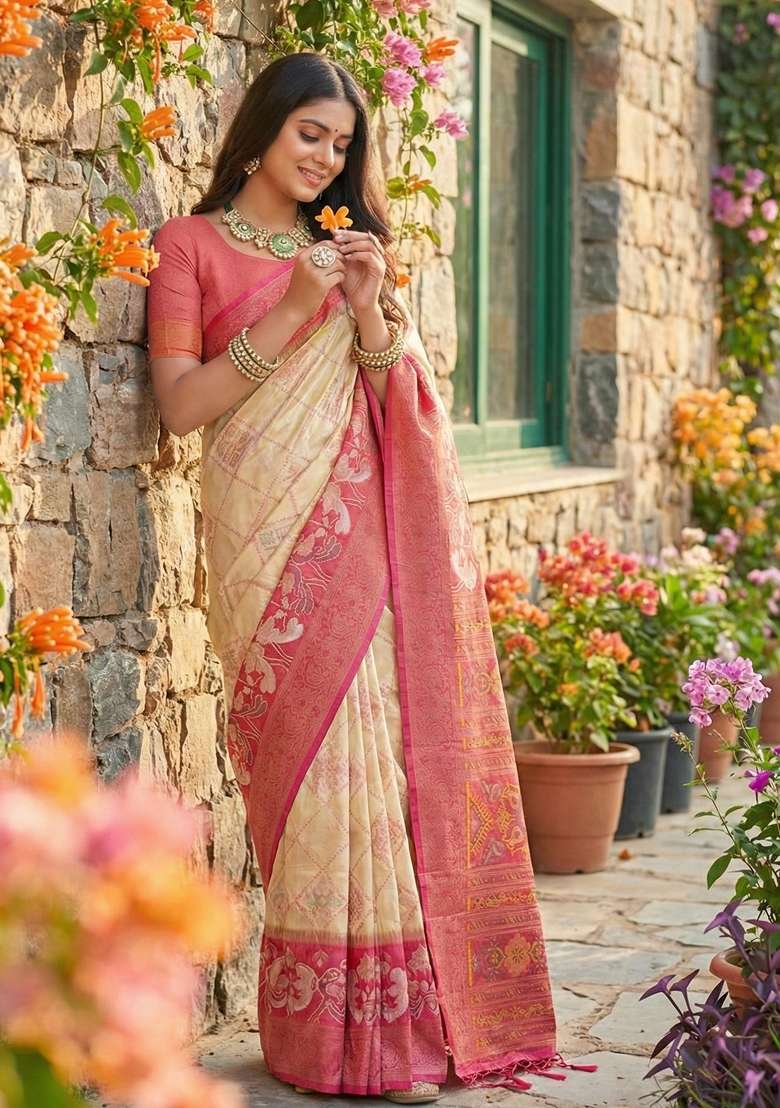 Cream Floral Print Pochampally Saree Set for Diwali and Festive Wear - Indya