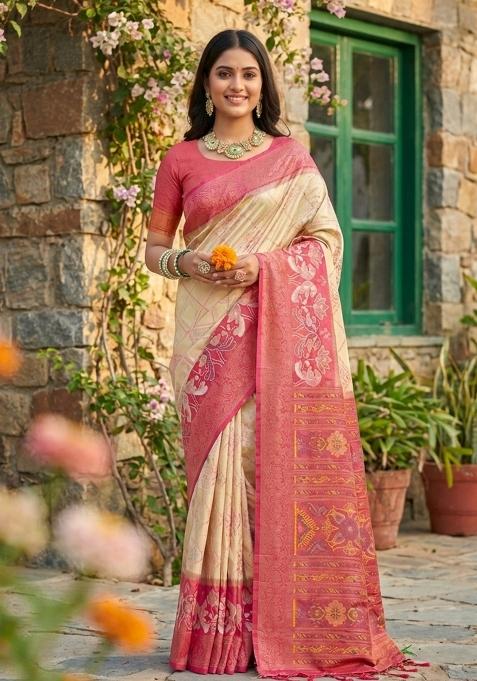 Cream Floral Print Pochampally Saree Set