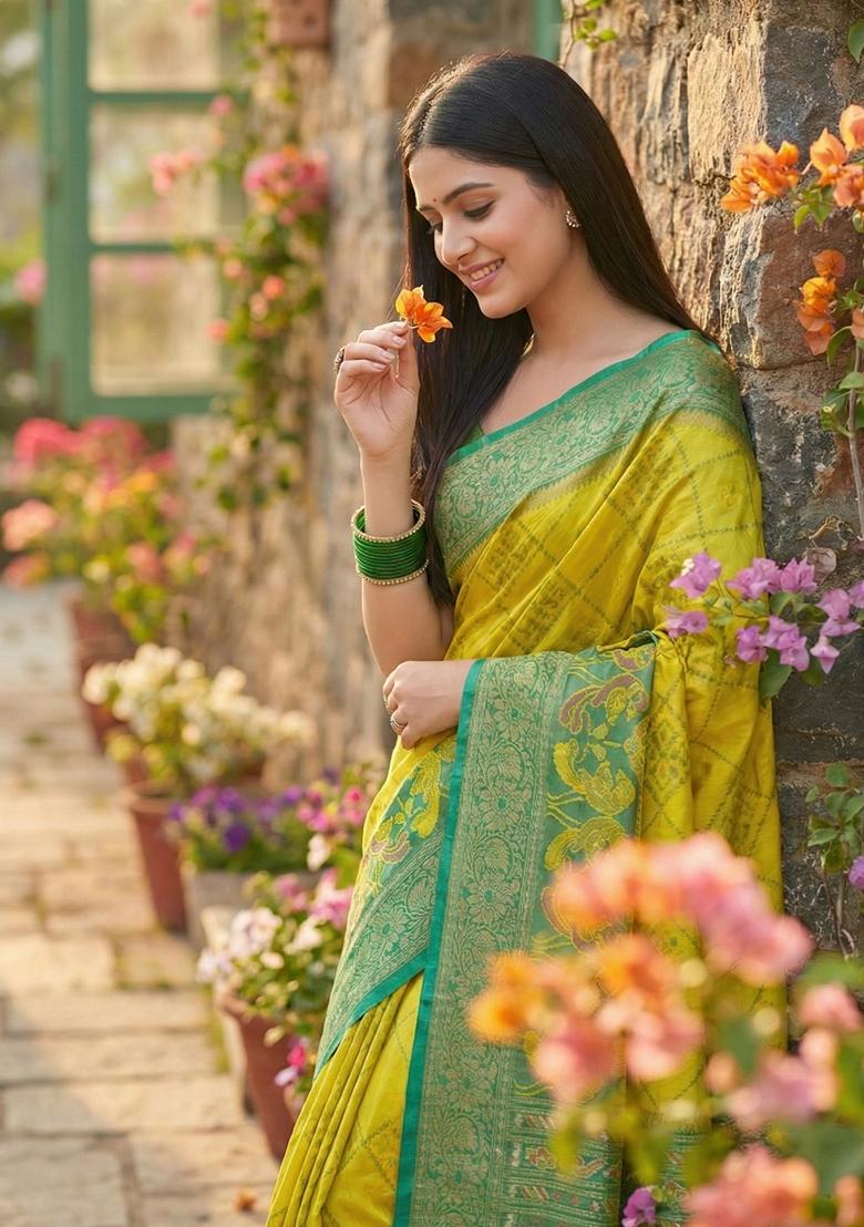 Olive Floral Print Pochampally Saree Set - Indya