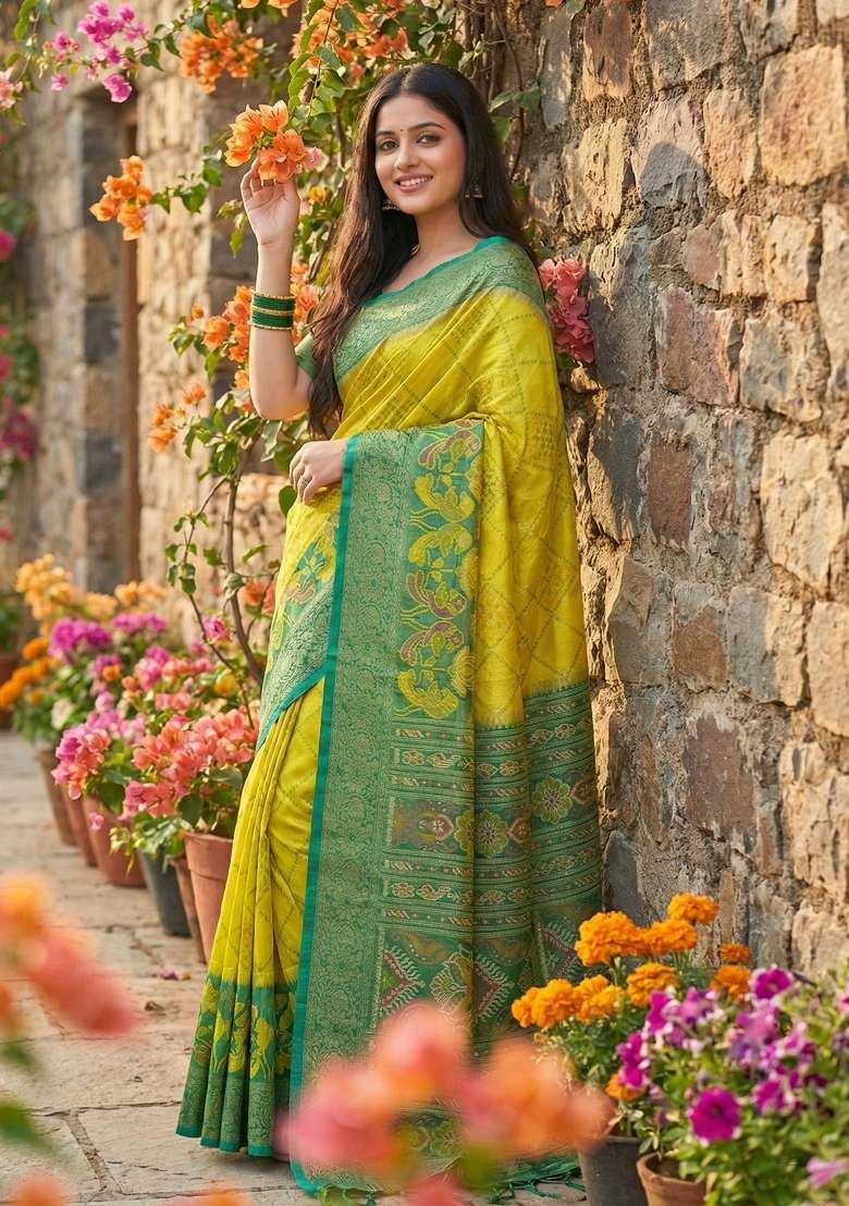 Olive Floral Print Pochampally Saree Set for Diwali and Festive Wear - Indya