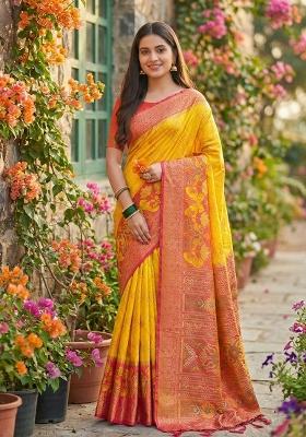 Yellow Floral Print Pochampally Saree Set
