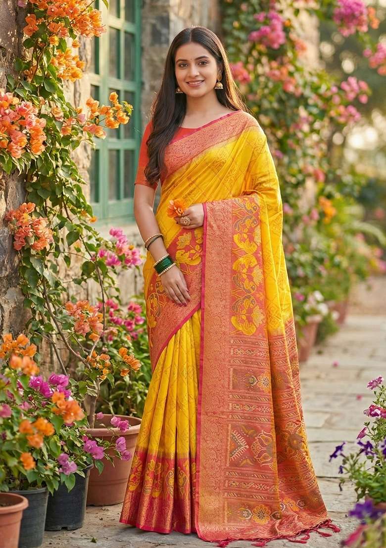 Yellow Pochampally Saree Set with Floral Print for Diwali | Wedding & Festive Wear - Indya