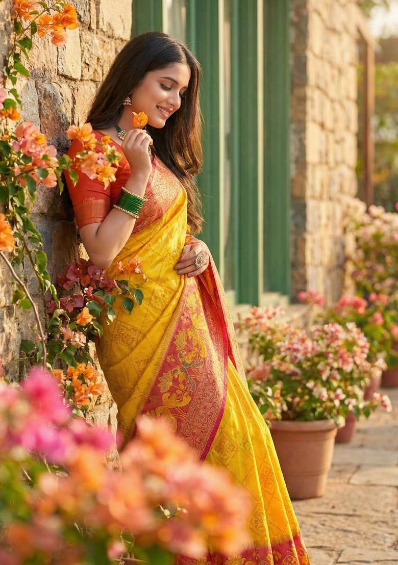 Yellow Pochampally Saree Set with Floral Print for Diwali | Wedding & Festive Wear - Indya