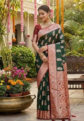 Dark Green Zari Work Silk Saree Set