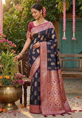 Navy Blue Zari Work Silk Saree Set