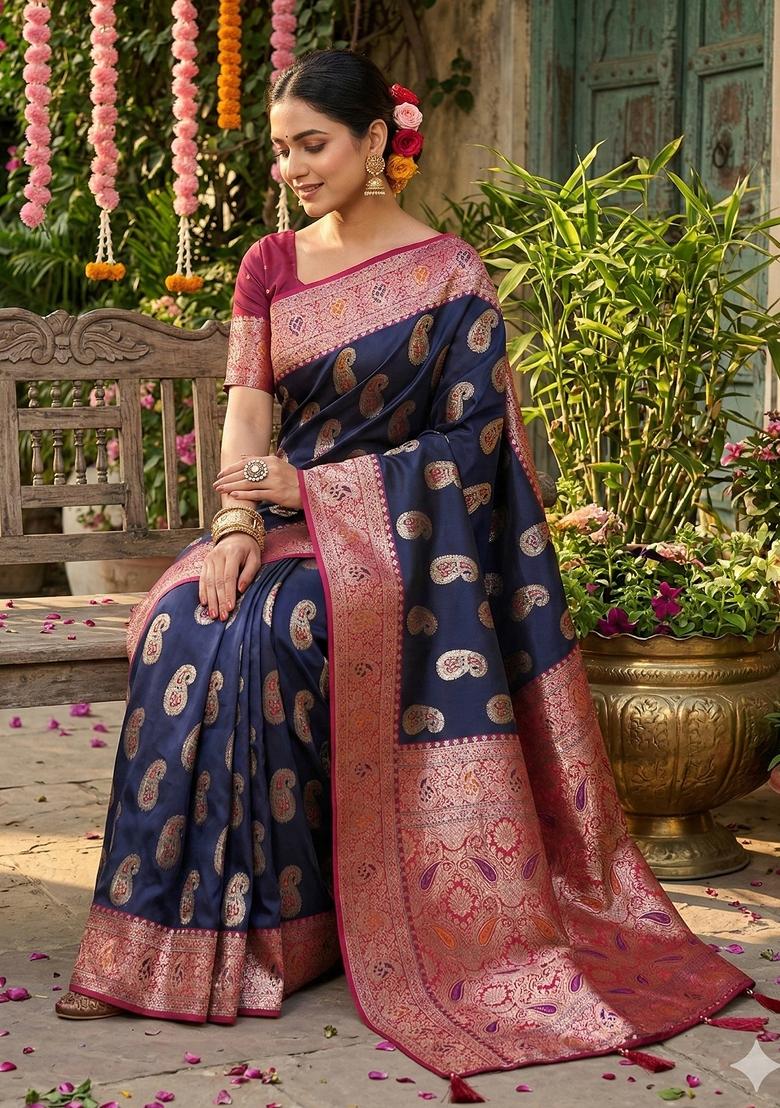 Navy Blue Zari Work Silk Saree Set - Indya