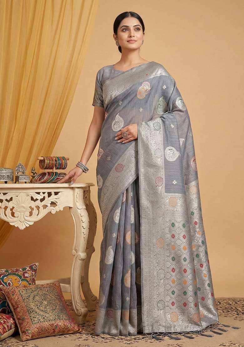 Grey Zari Work Linen Saree Set for Diwali and Festive Wear - Indya