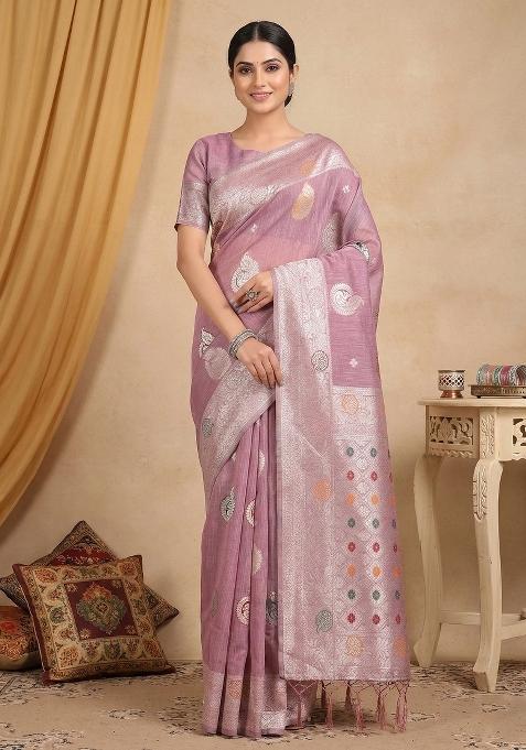 Lavender Zari Work Linen Saree Set