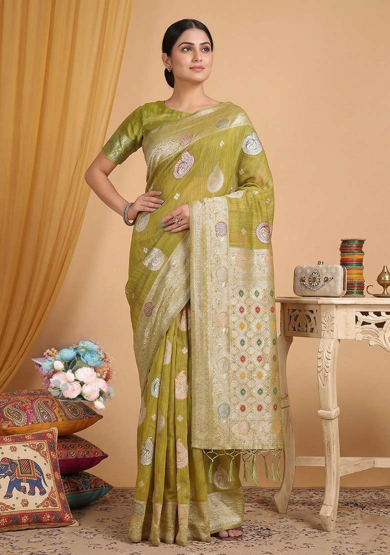Mustard Linen Saree Set with Zari Work for Diwali | Wedding & Festive Wear - Indya