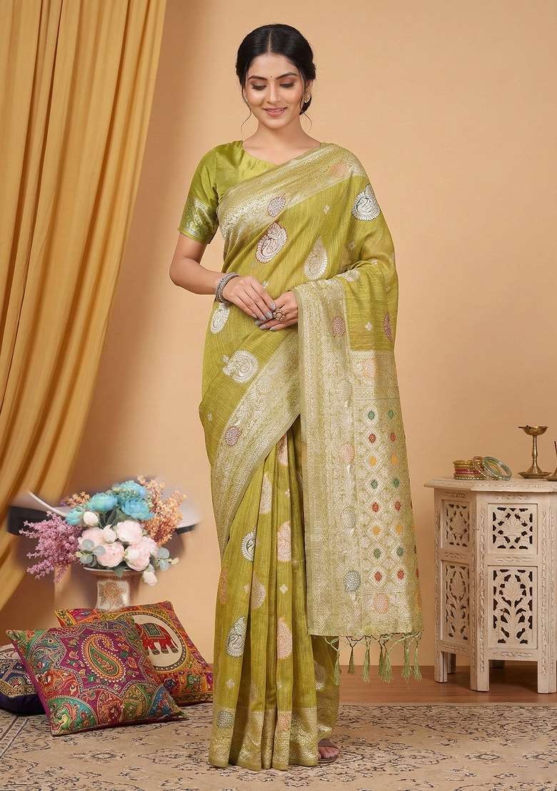 Mustard Linen Saree Set with Zari Work for Diwali | Wedding & Festive Wear - Indya