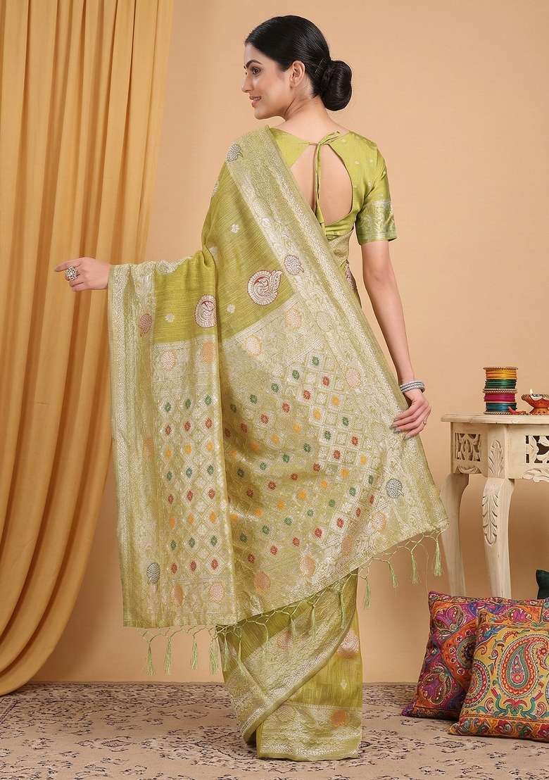 Mustard Linen Saree Set with Zari Work for Diwali | Wedding & Festive Wear - Indya