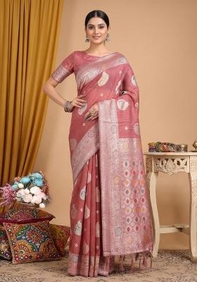 Peach Zari Work Linen Saree Set