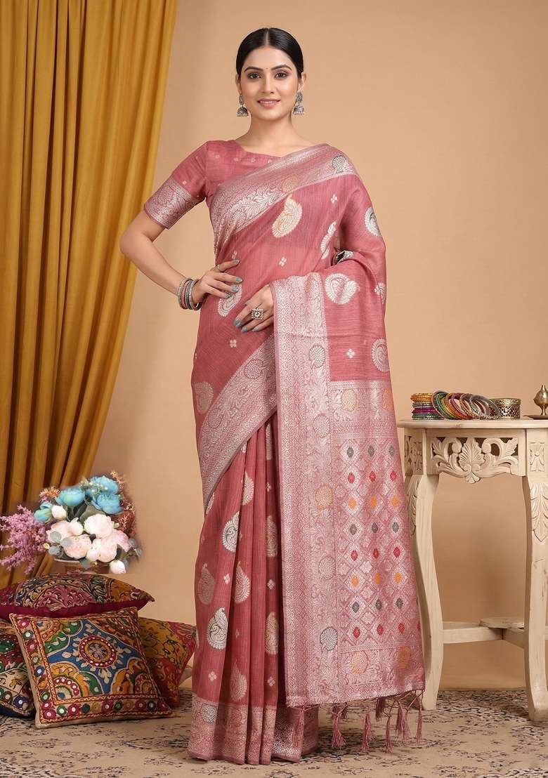 Peach Zari Work Linen Saree Set for Diwali and Festive Wear - Indya