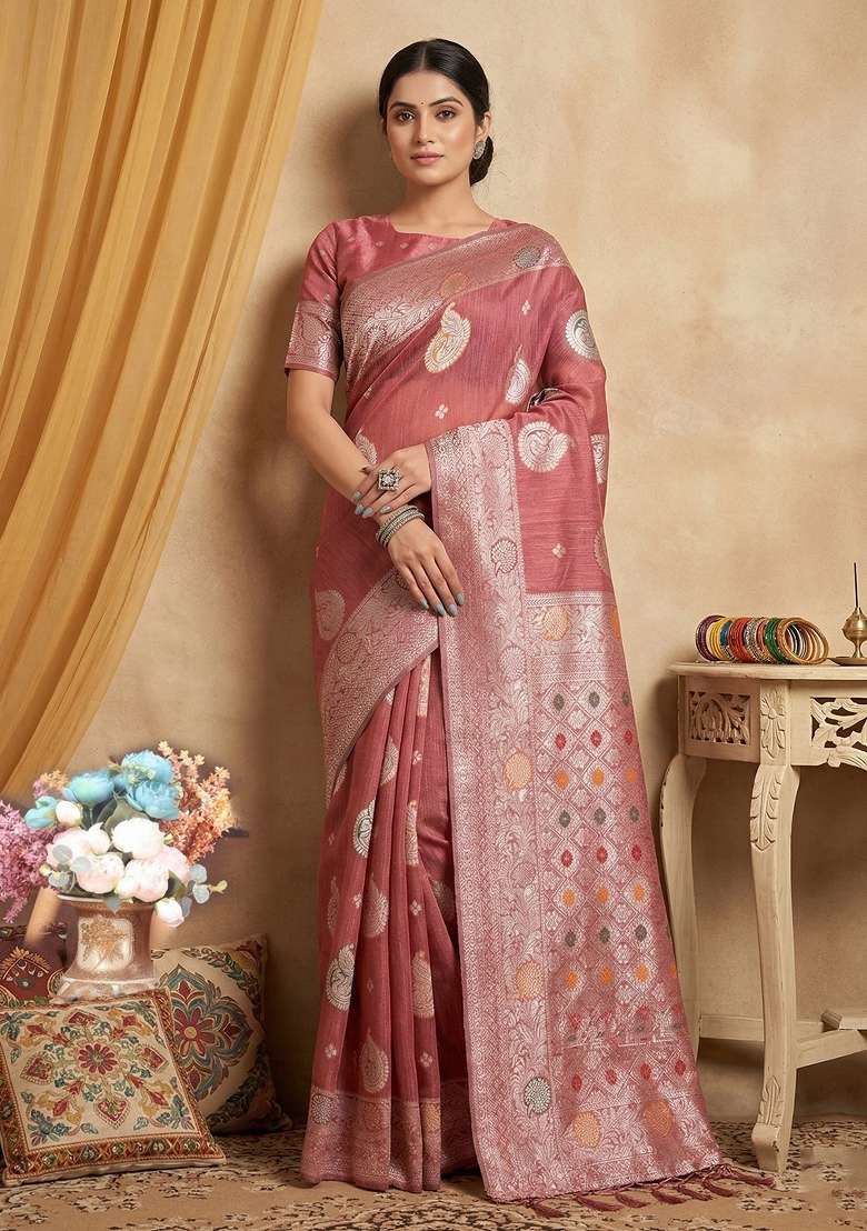 Peach Zari Work Linen Saree Set for Diwali and Festive Wear - Indya