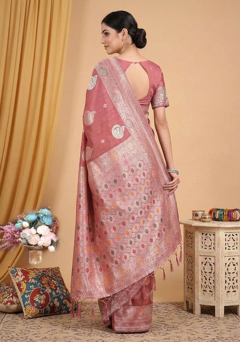 Peach Zari Work Linen Saree Set for Diwali and Festive Wear - Indya